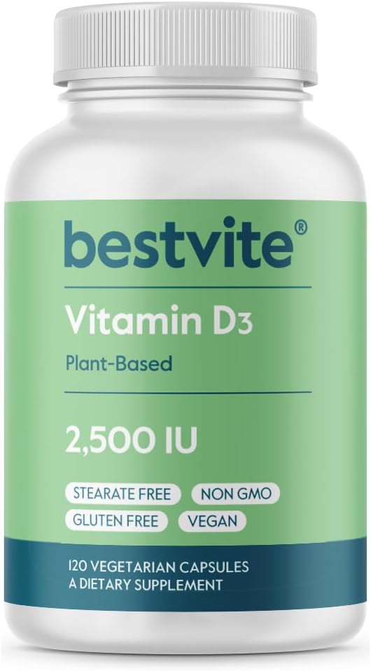 BESTVITE Vegan Vitamin D3 2500 IU (120 Vegetariánských kapslí) - No Stearates - Vegan - Non GMO - gluten bez