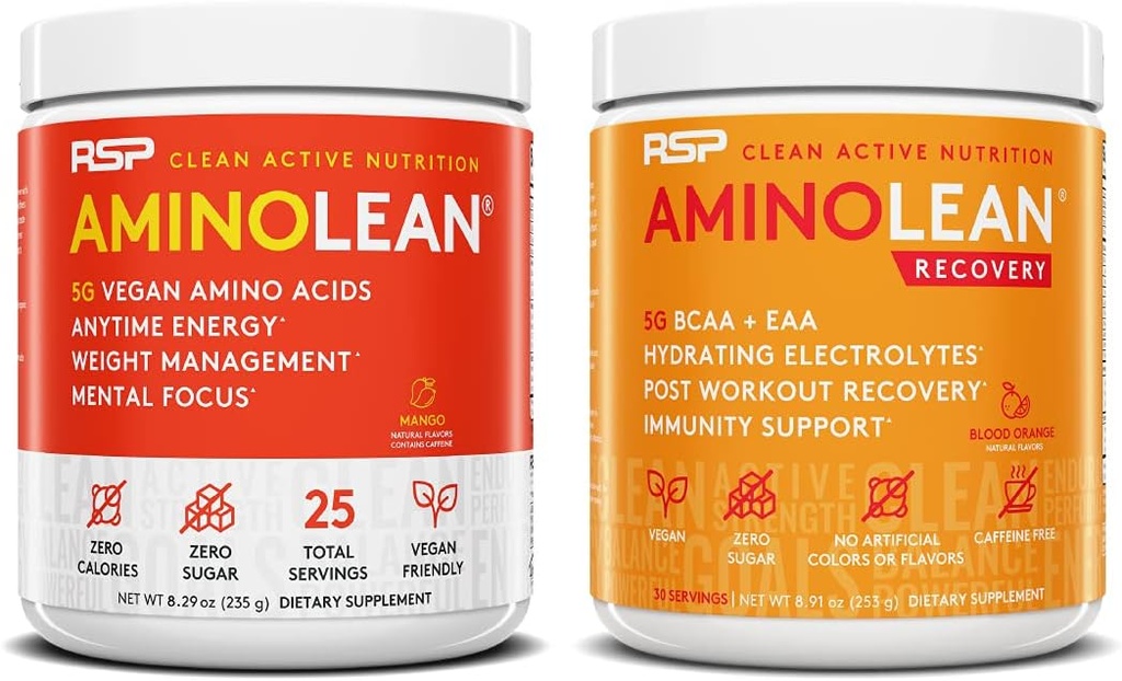 RSP NUTRITION Vegan AminoLean Pre Workout Energy (Mango 25 Servings) met AminoLean Recovery Post Workout Boost (Blood Orange 30 Servings)