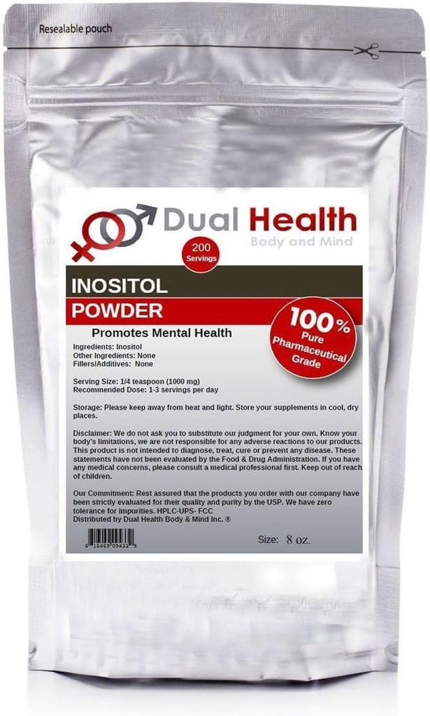 Dual Health Body & Mind Inositol Powder (8 oz) Pure Vitamin B8 Antioxidanter Bulk Kosttilskud 1000mg per servering
