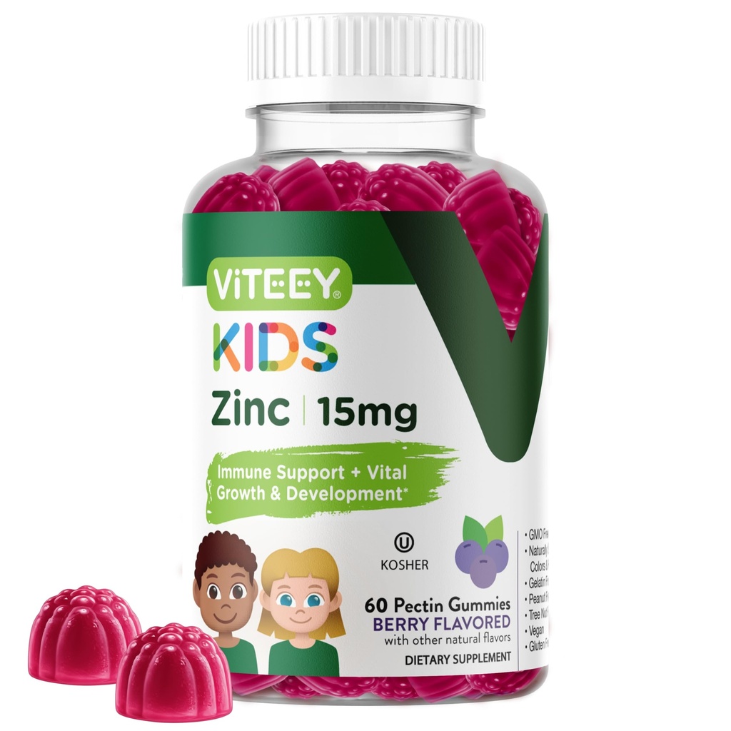Viteey Zinc for Kids Gummies - 15mg - Tasty Chewable Berry Flavor Gummy | Immune Support - Powerful Natural Antioxidant, Kids Zinc Vitamin Supplement - Vegan, Gelatin Free, Gluten Free - 60 Count