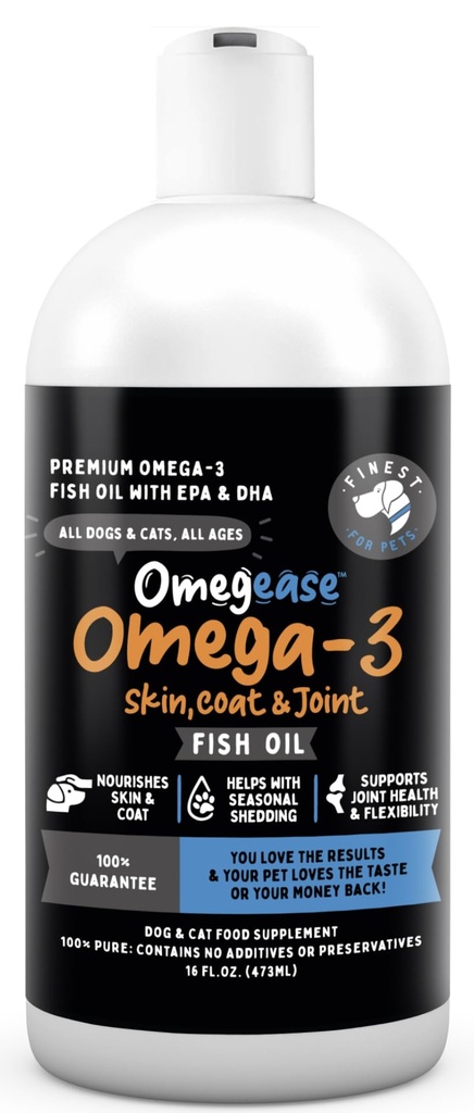 100% Pure Fish Oil for Dogs & Cats (1,545mg Omega 3 per Teaspoon) 16oz. Loaded with EPA & DHA for Joints, Skin & Coat, Itching, Heart & Immune Health. Stronger Than Salmon Oil. Unflavored Omegease.