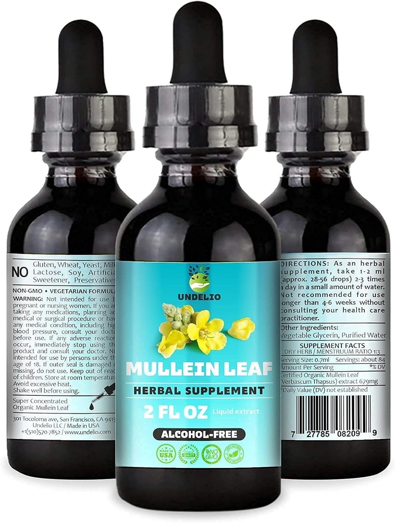 Extrait de feuille de Mullein à base de plantes d'Undelio - Teinture organique et sans alcool pour le soutien respiratoire, pulmonaire, le sommeil et digestif - Non-OGM, végétalien - 2 fl. Oz pour Immune Health & Lung Detox