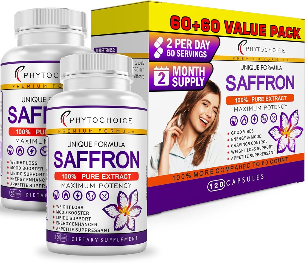 Saffron suplementaris - 100% Pure Saffron Extracture Capsules - Energia i Raster, Focus, visió, ulls d'Ull, Retina i lents de salut, ajuda de cor i salut per dones i homes - Mafe in EUA - 120 Capules