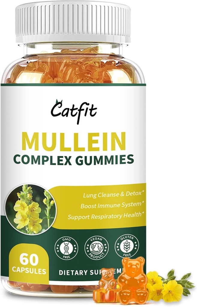 Gommies de Mullein Catfit pour poumons – Extrait de feuille de Mullein avec Quercetin, Elderberry pour le soutien respiratoire et immunitaire, santé pulmonaire et respiratoire, végétalien, ananas, 60 gommies