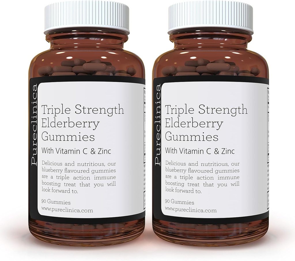 pureclinica Triple Strength Immune Support - Elderberry Gummies with Vitamin C & Zinc x 180 Gummies (2 Botellas de 90) – hasta 6 meses de suministro!