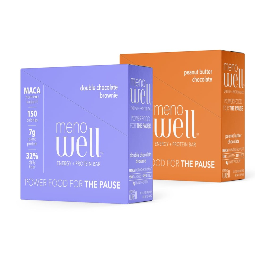 MenoWell Menopause Energi og protein Barer til kvinder (Formelt Bossa Bar), Double Chocolate Brownie (10 Greve) og Peanut Butter Chocolate (10 Greve), High Fiber og Protein, 20 Greve (1 Æske Hver)