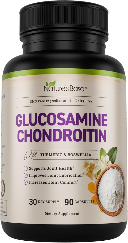 Base da Natureza Glucosamine Chondroitin HSH Collagen - Suplemento conxunto de apoio á mobilidade, flexibilidade e confort - con Turmeric, Boswellia - para homes e mulleres - 90 cápsulas