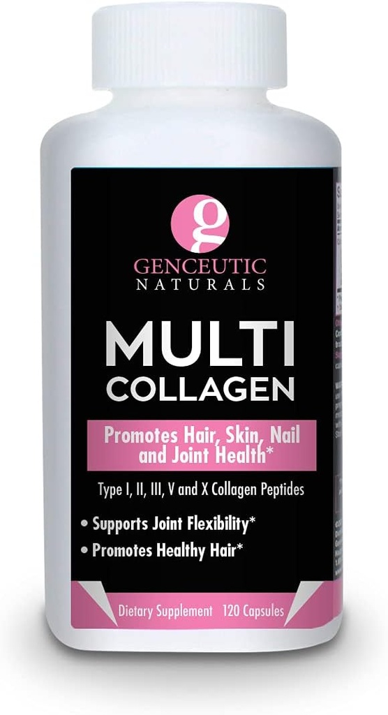 Genceutic Naturals Multi Colagen Capsule Tipurile I, II, III, V & X - 120 Veg Caps - pentru sanatoasa piele de par, Nails 1500mg Non-GMO, Pasture-Raised, cușcă gratuit și Cruzime liber Sursa