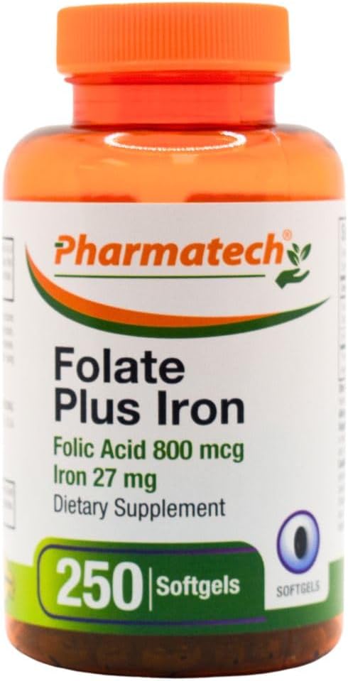 Ácido fólico 800 mcg Máis ferro 27 mg Suplemento para mulleres, vitamina B9, Fola Prenatal, Absorción rápida, Made in USA, 250 Softgels