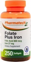 Folic Acid 800 mcg Plus Iron 27 מ"ג תוספת לנשים, ויטמין B9, Folate Prenatal, קיצור מהיר, המיוצר בארה"ב, 250 Softgels