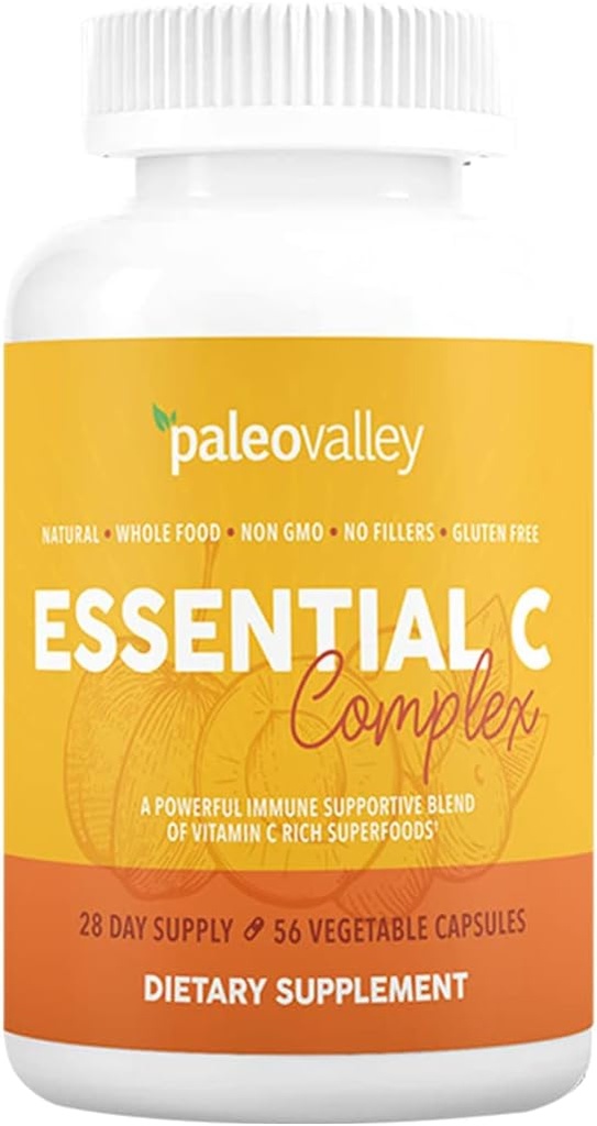 Paleovalley Essential C Complex - 면역 지원을위한 비타민 C 보충 - 1 팩, 450mg - 유기 Superfood Unripe Acerola Cherry, Camu Camu, Amla Berry - 합성 아스코르브산 없음 - 미국 Made