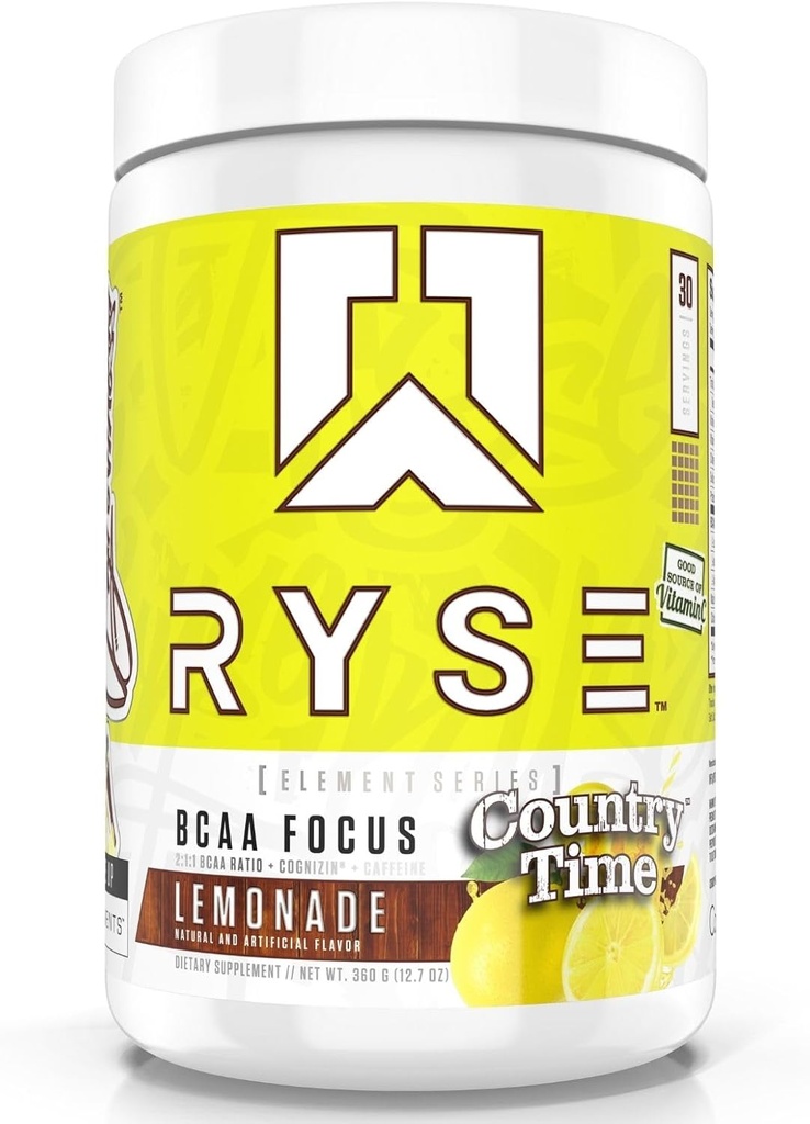 RYSE BCAA Focus Powder - Country Time Lemonade - BCAA supplement med elektrolyter, Natural Coffein & Cognizin støtter til hydrering, inddrivelse, energi, og fokus for mænd og kvinder - 30 Tjenester
