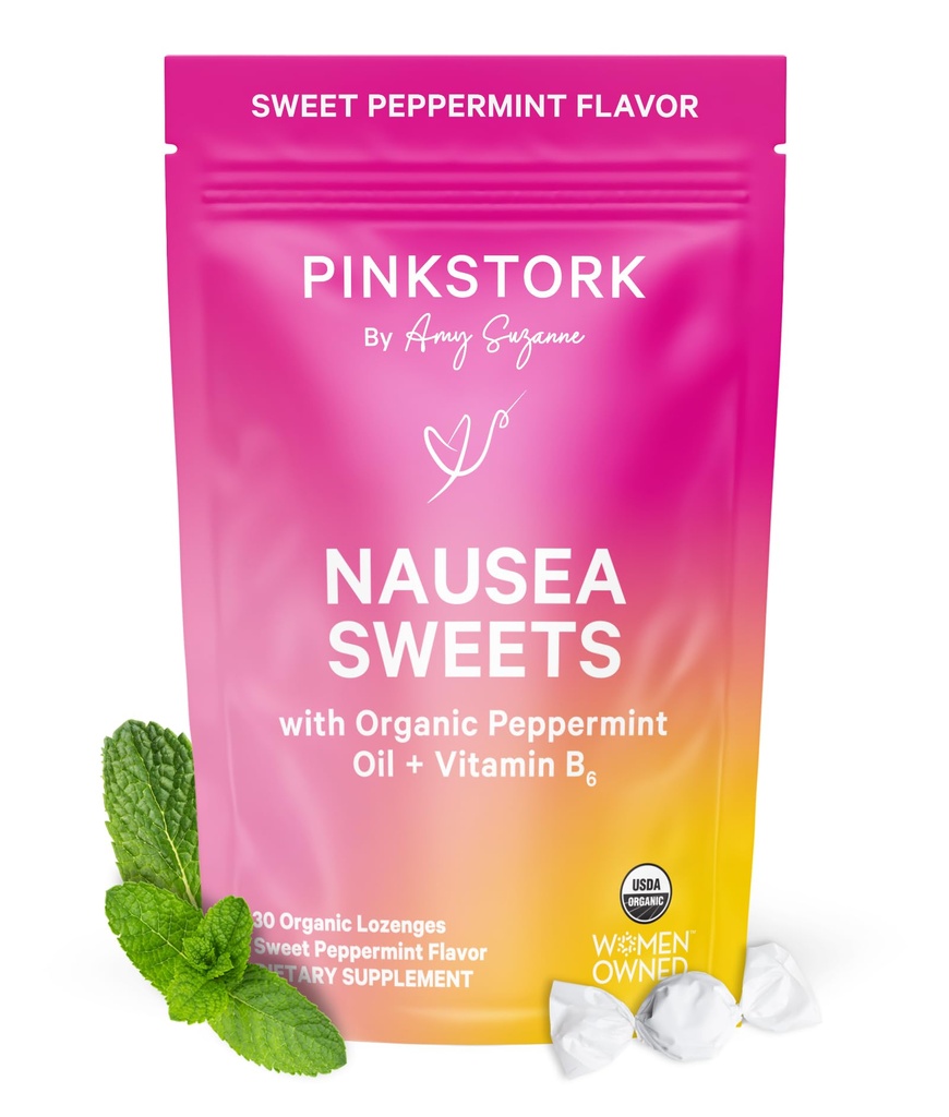 Pink Stork Organic Peppermint Sweets for Morning Sickness and Motion Sickness Support, Added Vitamin B6, 1st Trimester Pregnancy Must Haves - 30 Wrapped Peppermint Candies