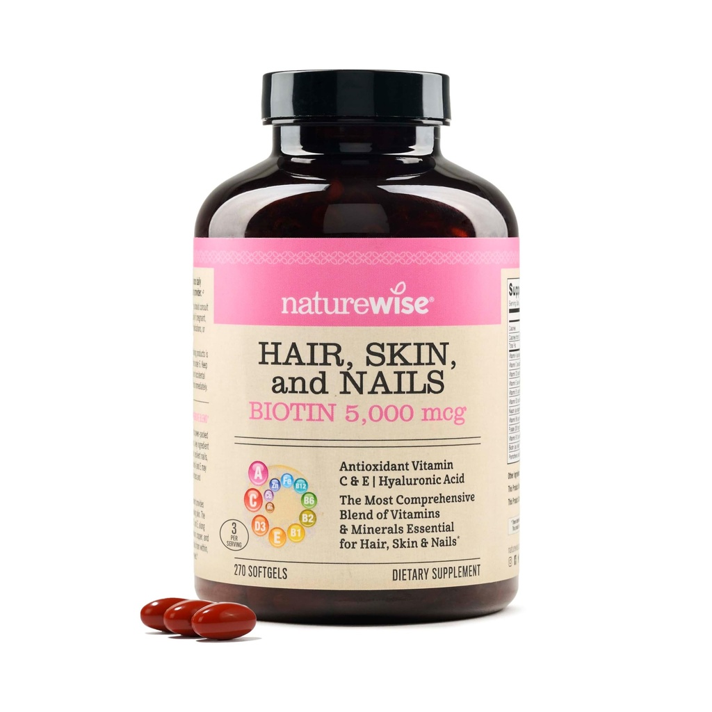 NatureWise Hair Skin and Nails Vitamin, Biotin 5000mcg w/Hyaluronic Acid, Collagen for Women with C, B Complex, D3, A, E, Iron - Non-GMO, Gluten Free - 270 Softgels[3-Month Supply]