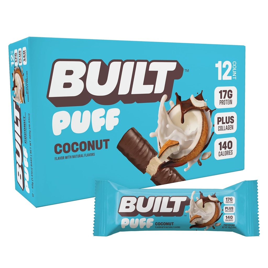 Built Bar, Puff Protein Bars, Coconut Puff, 17g Protein Snacks, On-The-Go Bars, Slechts 140 Calorieën, 6g Suiker, Collageen, Glutenvrij, 12 Tellen