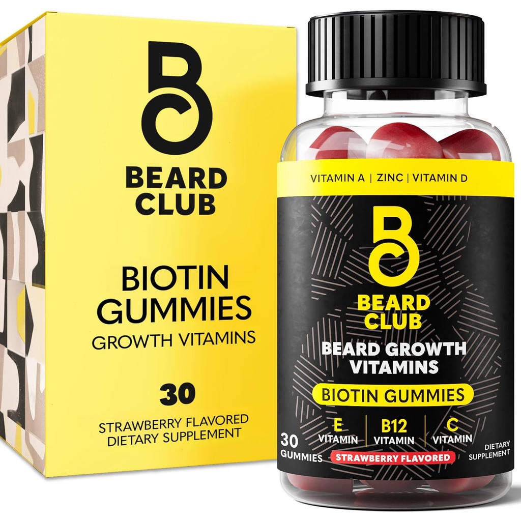 The Beard Club Biotin Beard Growth Vitamin Gummies - Hår supplement til mænd - Vitaminer B12, E, & C at støtte en Thicker Fuller udseende Ansigtshår - Jordbær Gummy
