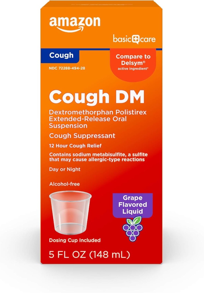 Basic Care 12 saat Cough DM Syrup, Genişləndirilmiş-Release Dextromethorphan, Grape Flavor Liquid Medicine, 5 fl oz (Paket 1)