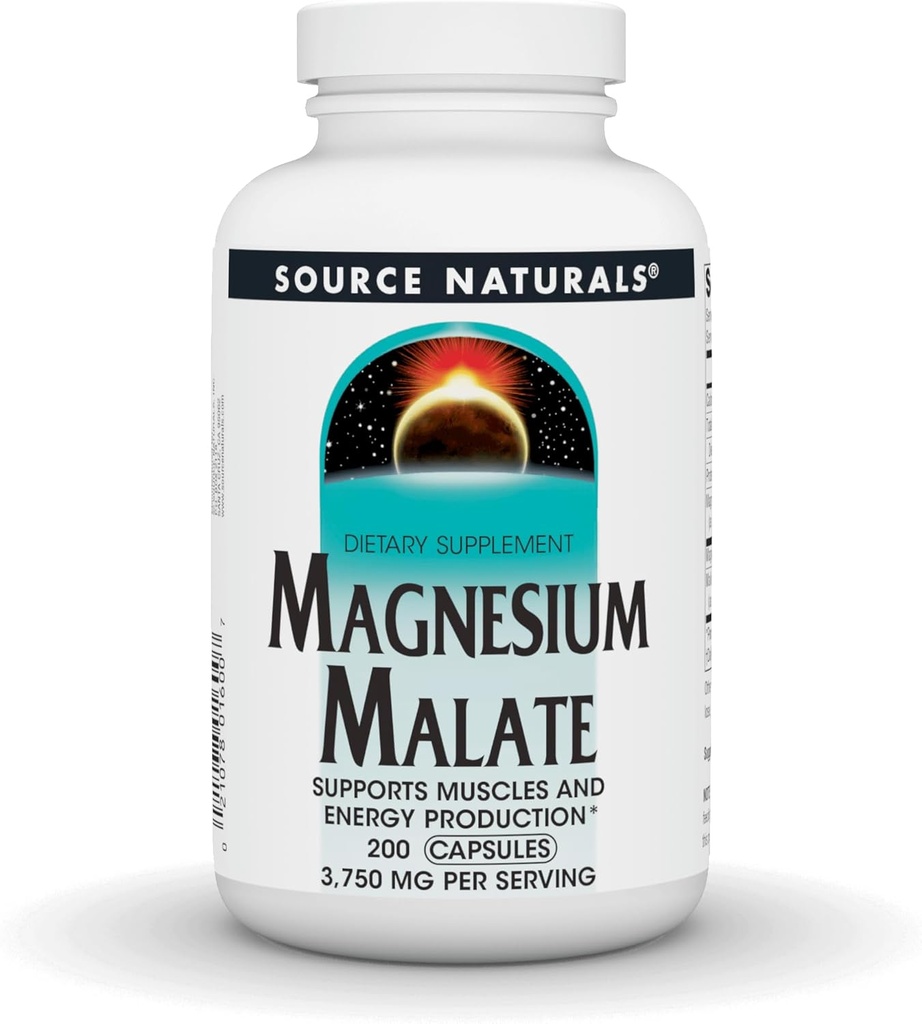 Source Naturals Malate de magnésium, soutient la production de muscles et d'énergie*, 3750 MG - 200 capsules