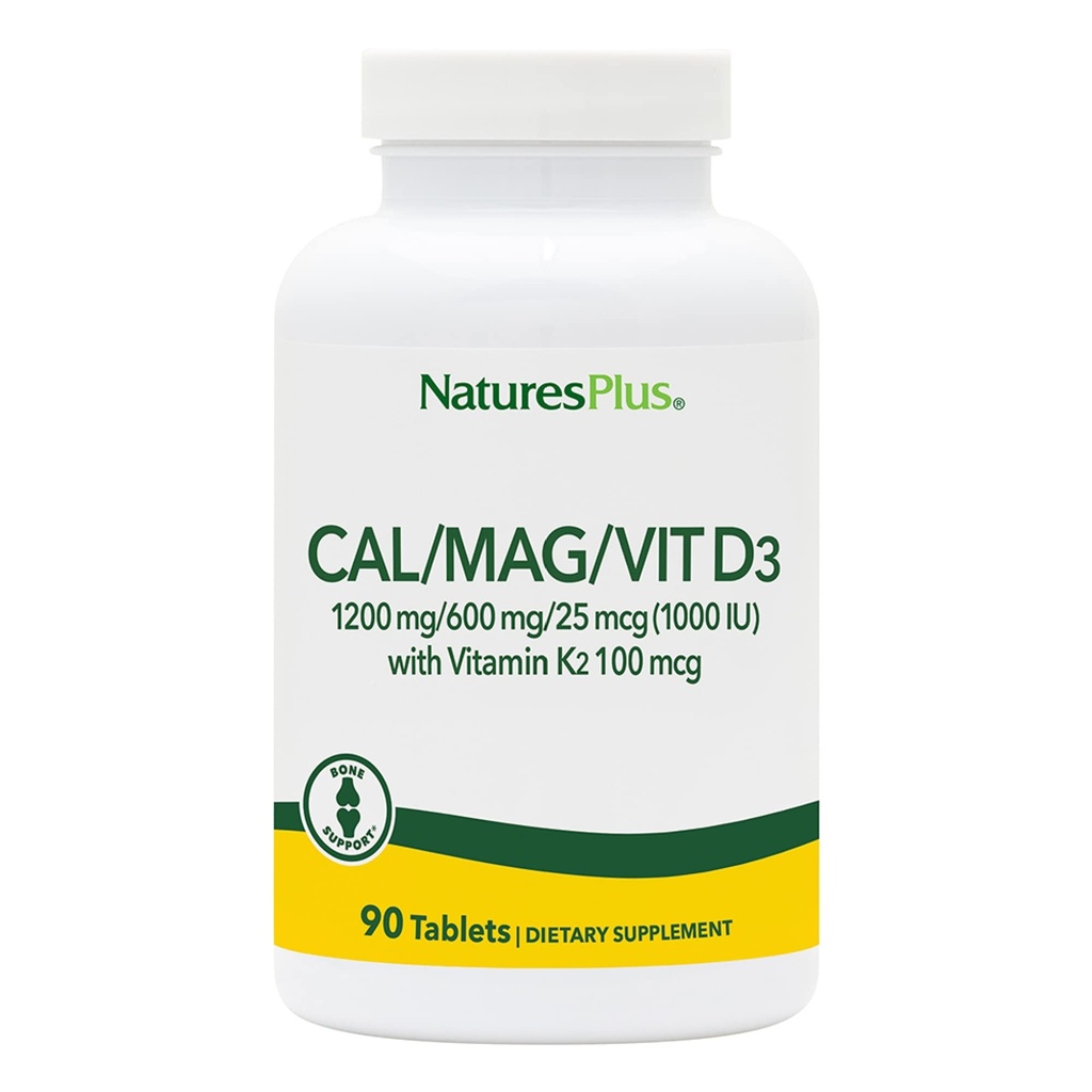 NaturesPlus Calcium/Magnesium/Vitamin D3 with Vitamin K2 - Supports Bone & Immune Health - Vegetarian, Gluten Free - 90 Tablets - 22.5 Servings
