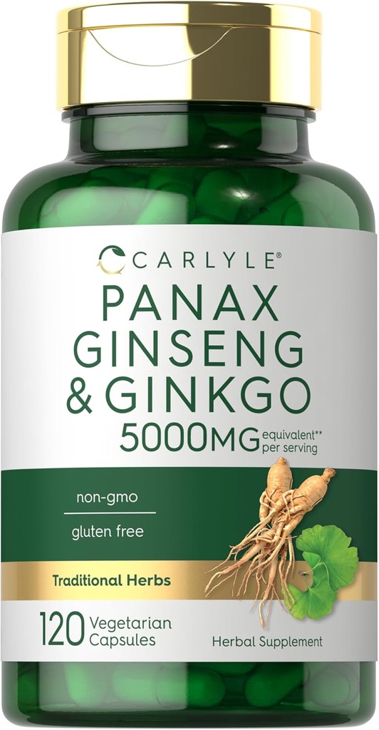 Carlyle Panax Ginseng & Ginkgo 5000 мг 120 Вегетаріанські капсули Non-GMO & Gluten Безкоштовна добавка