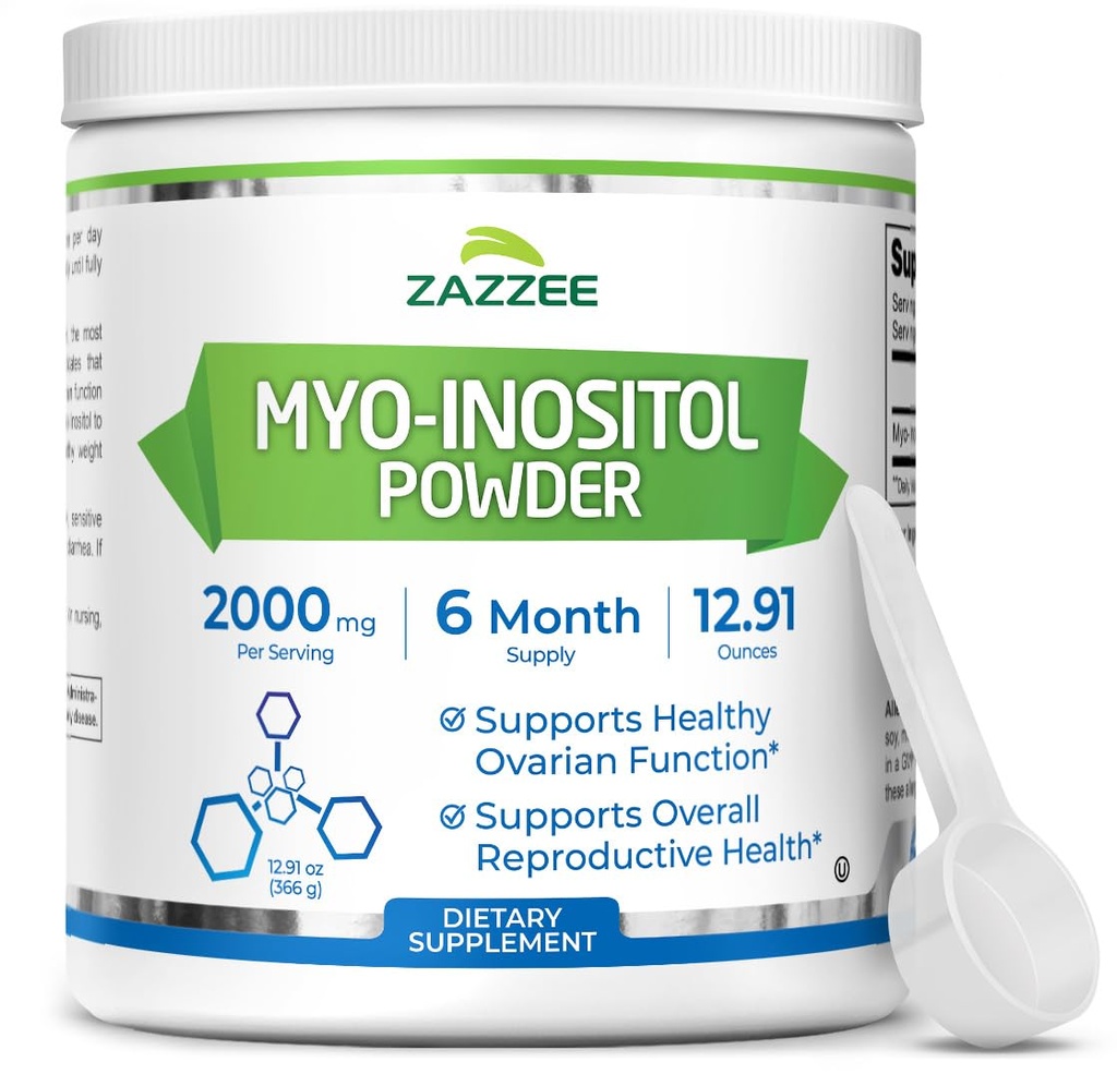 Zazzee Myo-Inositol Powder, 6 Month Supply, 183 Servings, 2000 mg per Serving, Free Scoop for Exact Dosage, 12.91 Ounces, Certified Kosher, 100% Pure, Fertility & Reproductive Support, Made in the USA