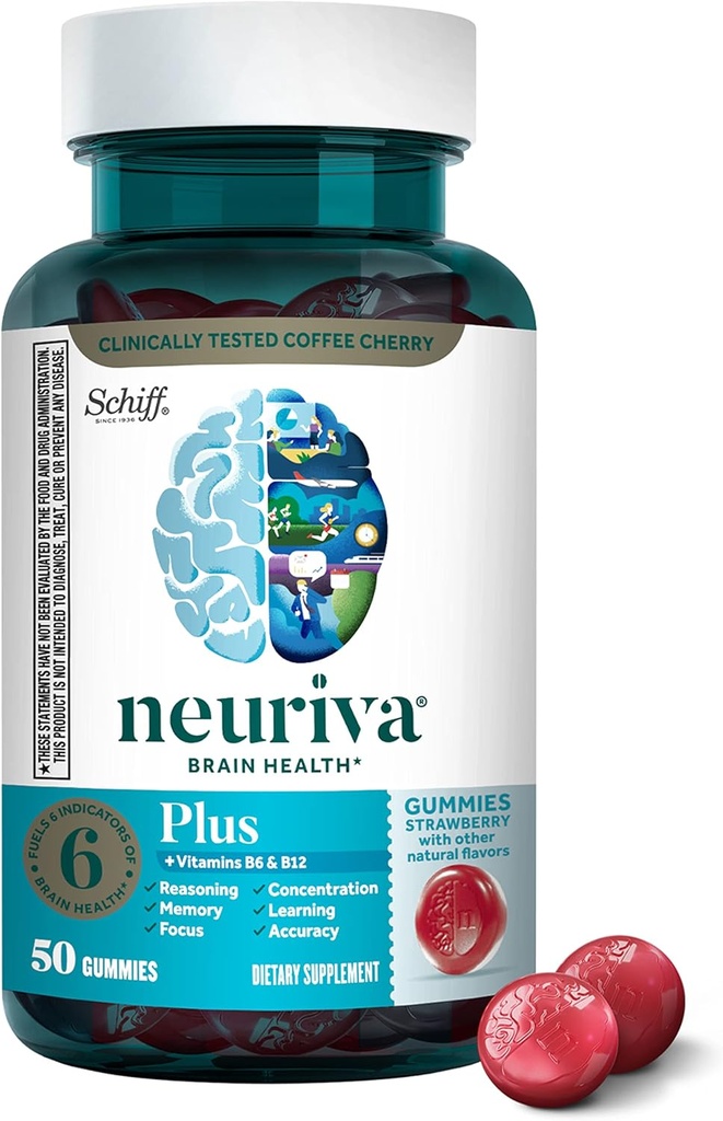 NEURIVA Plus Brain Supplement for Memory,Focus & Concentración + Función cognitiva con vitaminas B6 & B12 e nootrópicos clinicamente testados Phosphatidylserine e Neurofactores, 50ct Strawberry Gummies