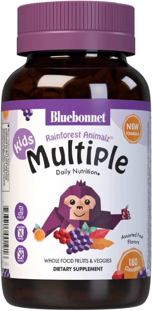 Bluebonnet Nutrition Rainforest Animalz Bütün Qiymətli Multivitamin və Mineral, Vitamin C, D3, Iron, Gluten Pulsuz, Milk Free, Kosher, 180 Chewable Tablet, Qarışıq Flavor