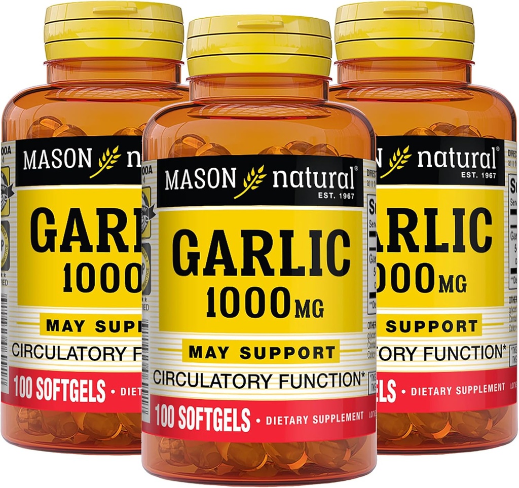 MASON NATURAL Garlic Oil 1000 mg, 300, Dag Supply Softgels, Stöder Normal Circulatory Function, 3 Pack