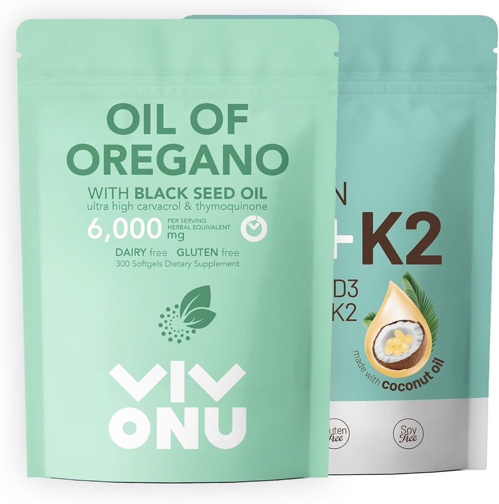 Oregano Capsules & Vitamin D3 10000 iu Plus K2 (MK-7) 200 mcg, 300 Coconut Oil Softgels
