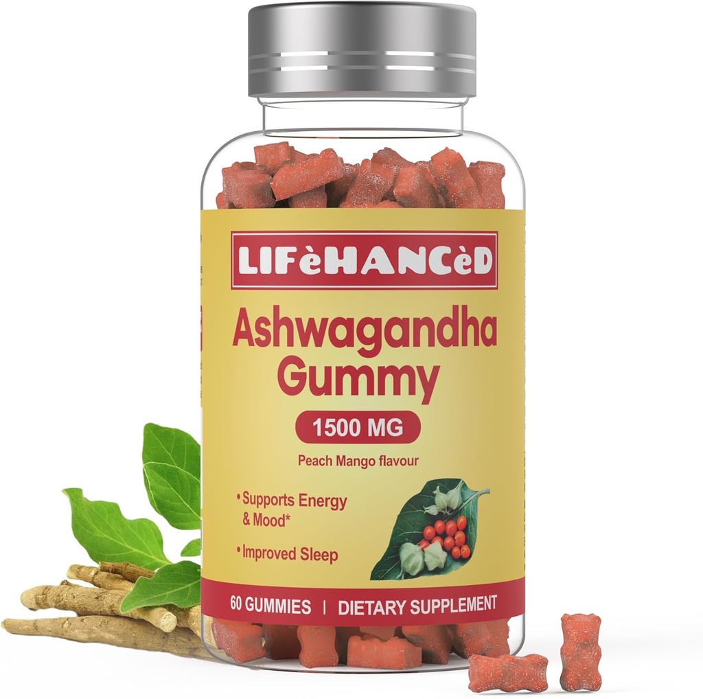Ashwagandha Gummys, LAB 测试, 60 Counter, 1500mg, 3% Withanolides, Peach Mango Flavour, 理想补充 您全家。