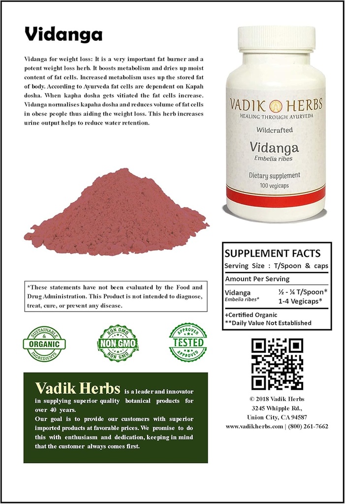 Vadik Kruiden Gecertificeerde Biologische Vidanga (Embelia Ribes) Poeder 1lb. Pack 