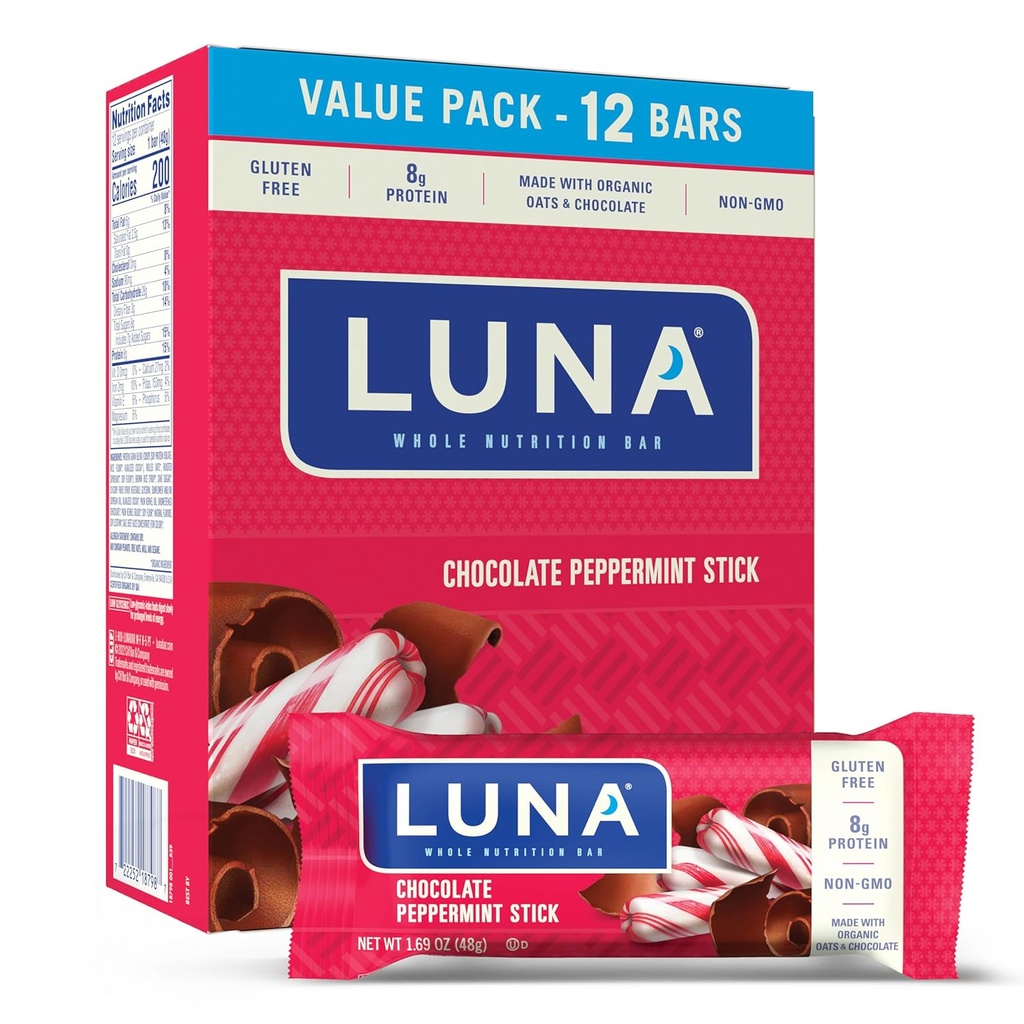 LUNA Bar - Chocolate Peppermint Stick Flavor - Snack Bars - Non OGM - Barre Proteine senza glutine - Realizzate con avena biologica (12 Pack)