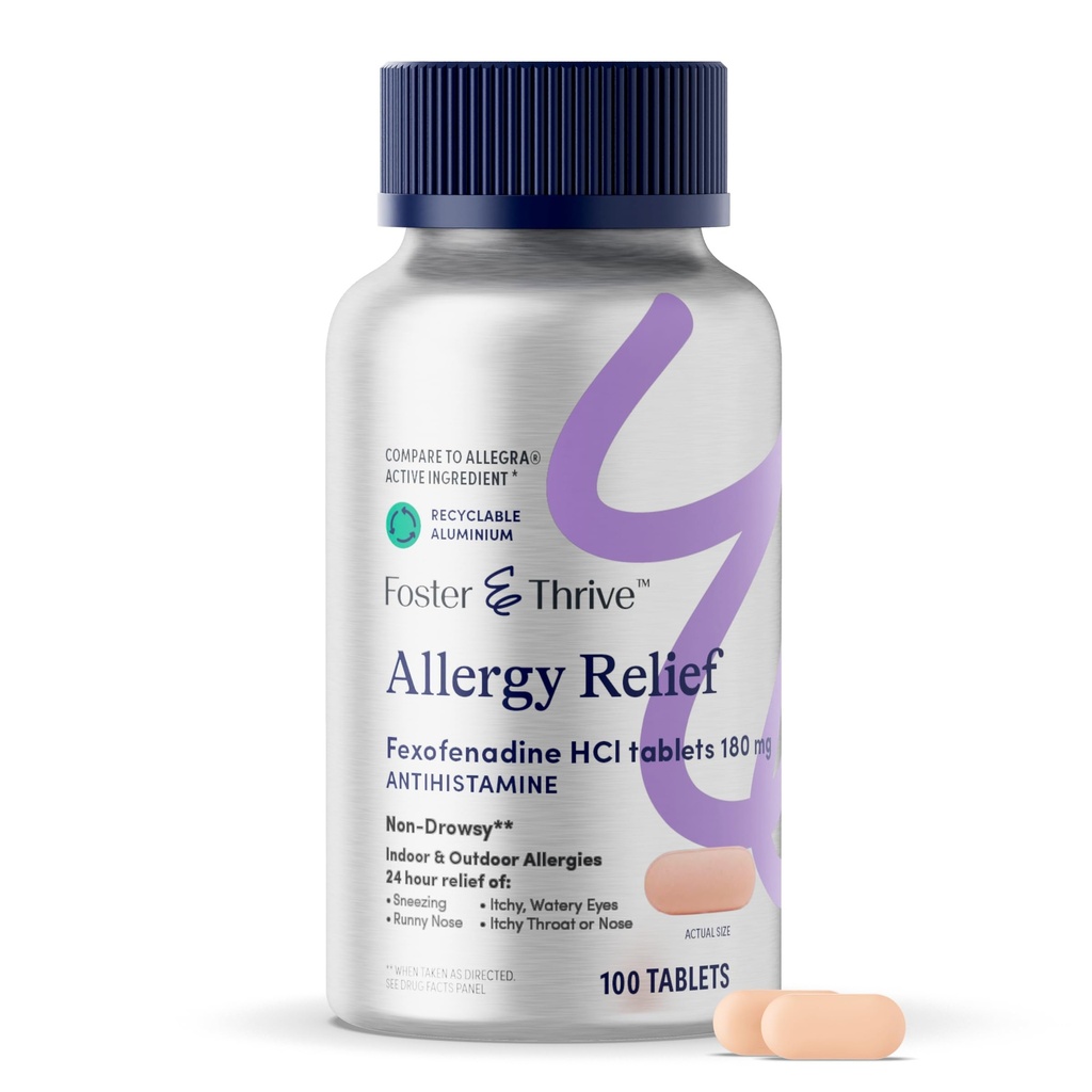 Foster & Thrive Fexofenadine HCl Non Drowsy Allergy Relief for Hay Fever, Pollen, Itchy Eyes, and Seasonal Allergies, Effective Support for Kids and Adults, 180 mg, 100 Tablets