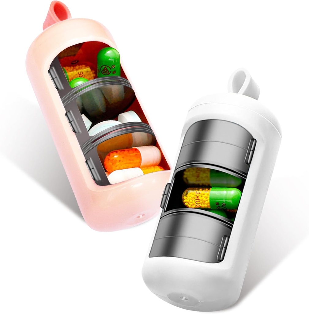 2 Pack 3 Składnik mały pióro, Mini przenośny pióro pudełko - Travel Daily Medicine Pill Supplement Organizer, Pojemnik na witaminy (biały + różowy)