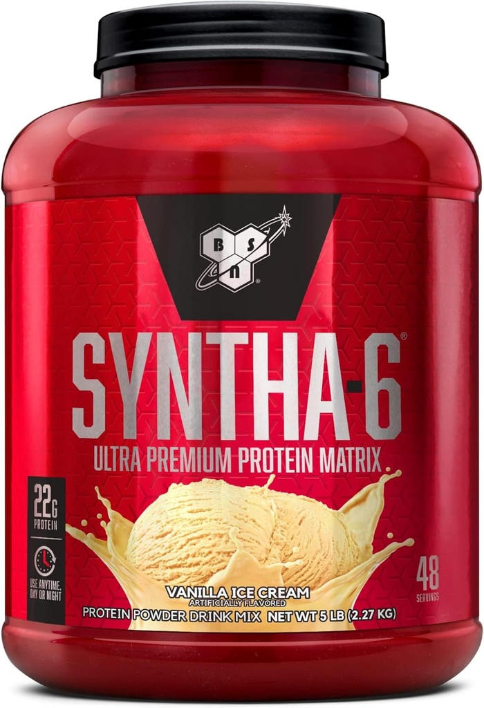 BSN SYNTHA-6 Wei Proteïnepoeder, Micellar Caseïne, Melkeiwit Isolaatpoeder, Vanille Ice Cream, 5 pond, 48 porties (verpakking van 1) - Pakket mei Vary