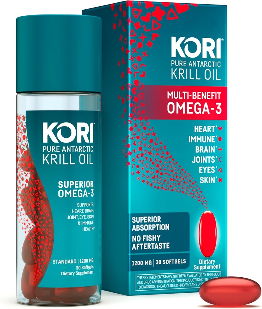 Kori Krill Oil Omega 3 Supplement, Antarktis Krill Oil with Superior Imeytyminen vs Fish Oil, 1200mg Softgels, 30 Softgels, EPA & DHA