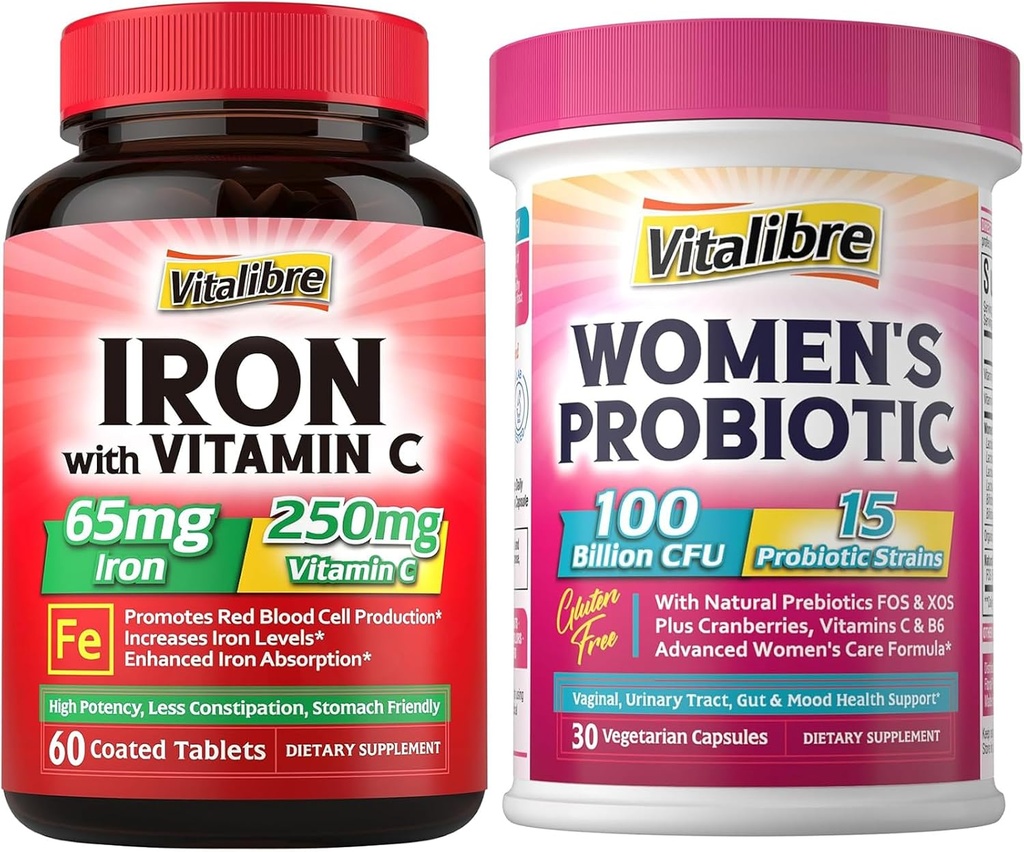 Jern Supplement, 65 mg Carbonyl jern med 250 mg vitamin C + Vitaliber Women's Probiotika 100 milliarder CFU, 15 strimler, w/Prebiotic, Cranberry, vitamin B6 & VC