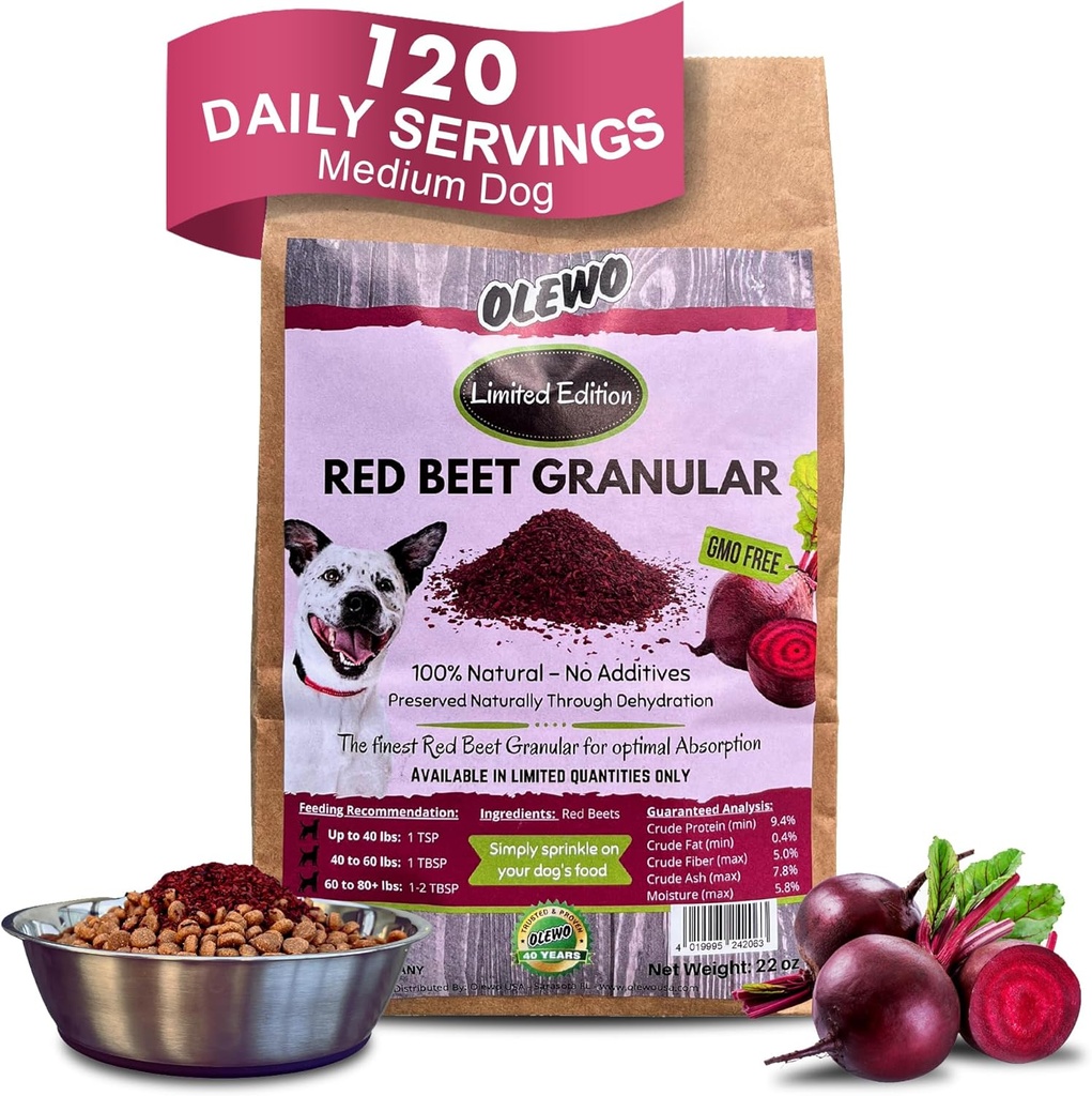 Olevo Red Beets for Dogs Grandical – Atreal Itch Food Toper, Immmuning, Skin & Coat, dehyded Food Commistain & Fiber, 22 Oz
