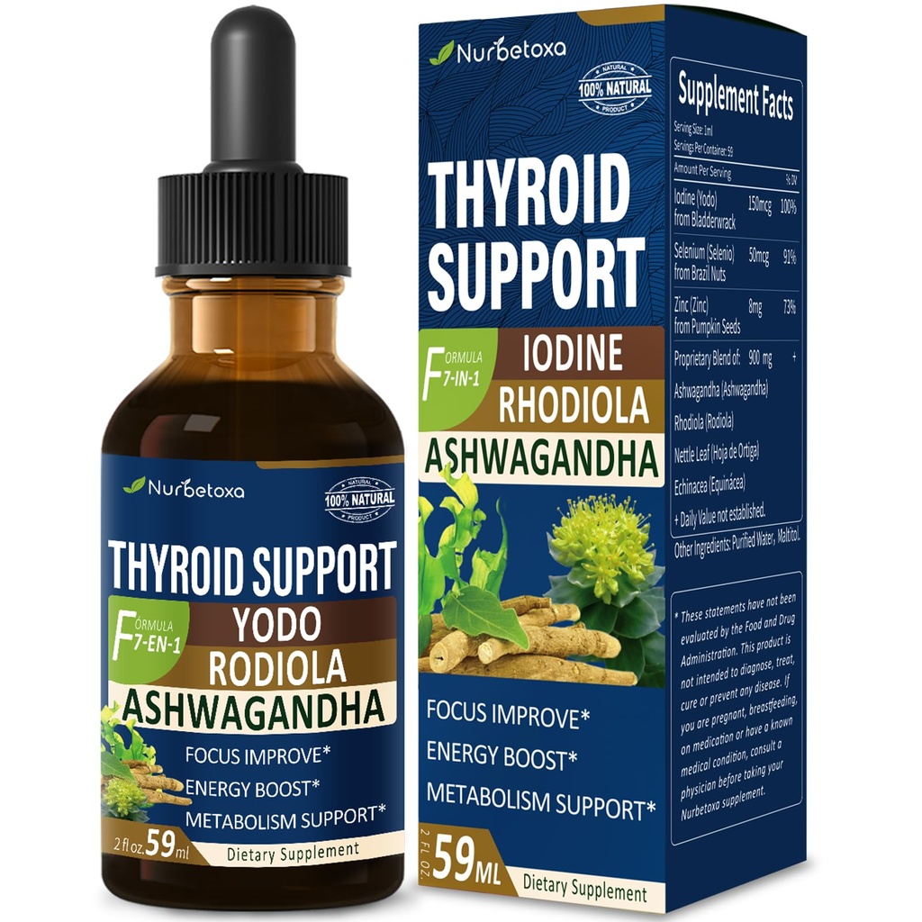 Thyroid Support Drops - Liquid Iodine Supplement, Gotas de YODO y Selenio para Tiroides, Con Rodiola Semenovii y Ortiga, Fight Brain Fog w/Ashwagandha & Rhodiola Extract Tincture.2 oz