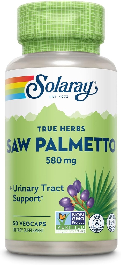 SOLARAY Saw Palmetto Berry 580 mg, Meg, Americal Procation and Eurinary Tract from Fatty & Page Sterols for Men and Muser, Non-GMO, Romeson and Laberized, 50 Vegcaps, 50 การให้บริการ