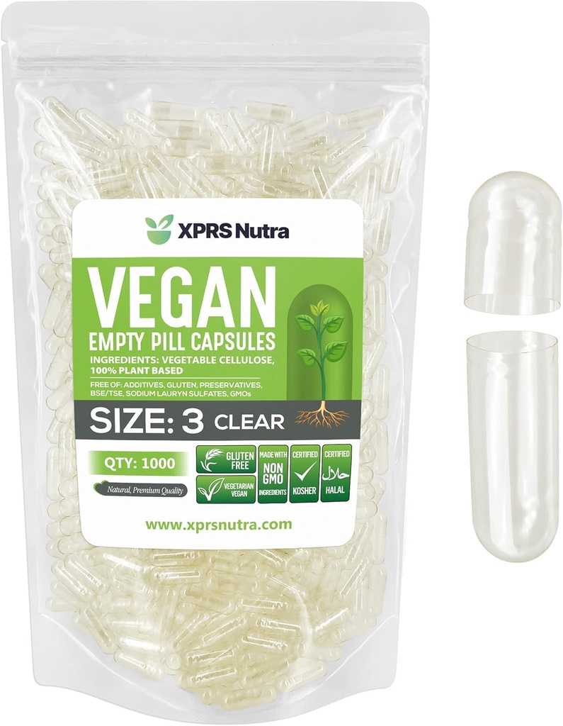 XPRS Nutra suurus 3 Tühja kapslit - 1000 loe puhast tühja vegankapslit - taimetoitlased pillid - DIY köögiviljakapsli täitmine - Veggie Pill kapslid