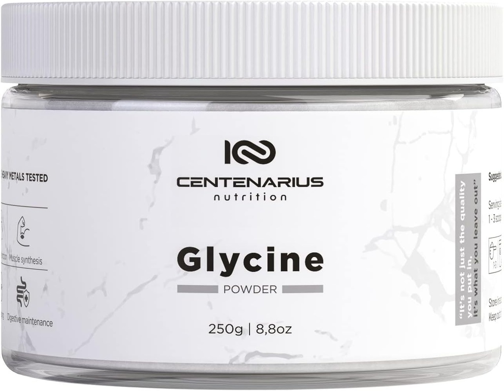 Glycine Powder 250g | Non-Essential Aminosäuren Ergänzung für Post Workout Muskel Erholung, Verdauung, Schlafhilfe + mehr - Vegan, Additive-Free, Third-Party getestet | Centenarius Nutrition