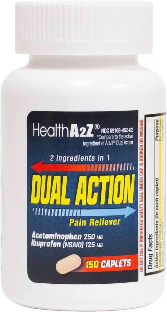 HealthA2Z® Dual Action Pain Relief | Acetaminophen 250mg & Ibuprofeen (NSAID) 125mg | Sisaldab kahte ravimit | Peavalu, palaviku ja seljavalu leevendamine (150 kapslit)