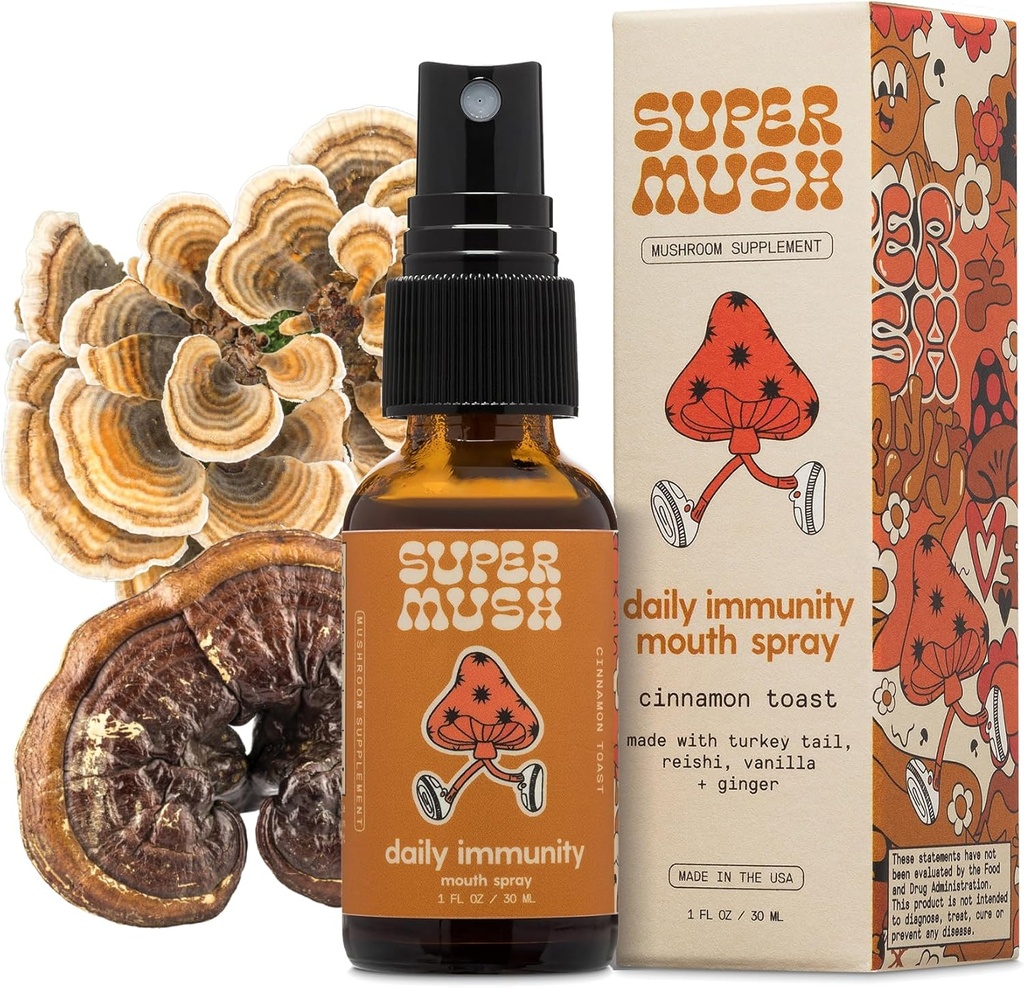 SuperMush Daily Immunity Mouth Spray Organic - Mushroom Immunity Spray Supplements - Turkey Tail & Reishi Mixed Mushrooms Extract - Immune & Digestive Health Support - 30ml Pure & Organic Turkey Tail