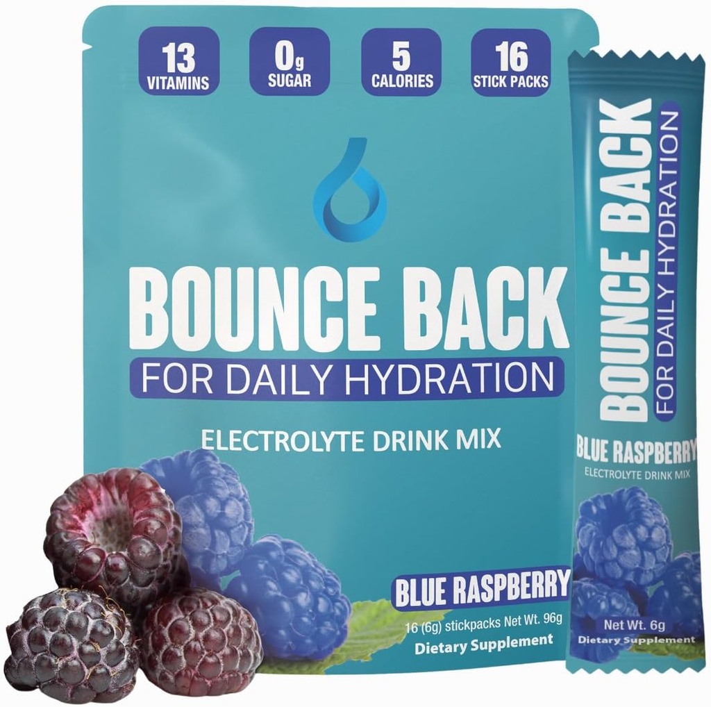 Bounce Back Daily Hydration - 13 Essential Vitamins, Zero Sugar Electrolyte Packets - 5 Calories, Organic - Keto and Intermittent Friendly | 0 Net Carbs (16 Pack, Blue Raspberry)