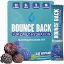 Bounce Back Daily Hydration - 13 Essential Vitamins, Zero Sugar Electrolyte Packets - 5 Calories, Organic - Keto and Intermittent Friendly ) 0 Net Carbs (16 Pack, Blue Raspberry)