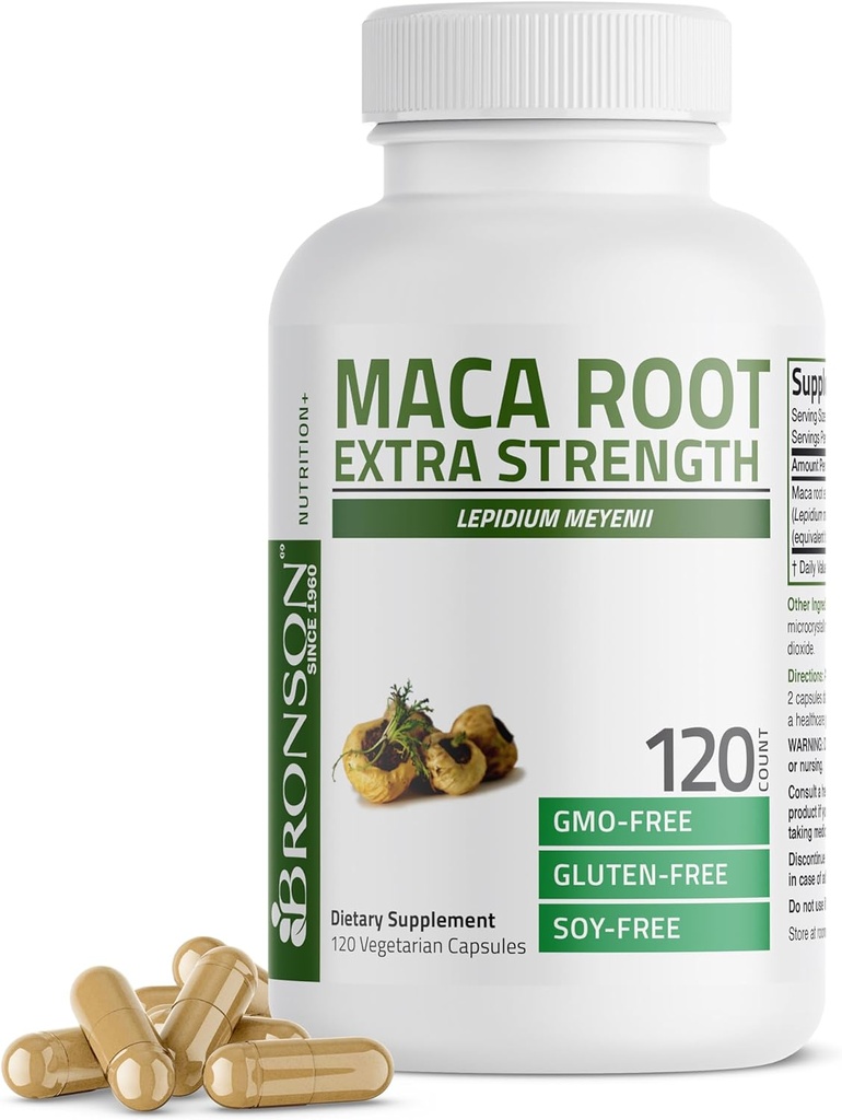 Bronson Maca Root Lepidium Meyenii estra, Ez-GMO, 120 kapsula begetariar