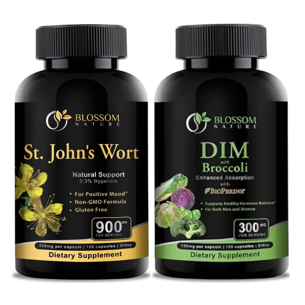 St Johns Wort 900mg-Mood Support Supplement-Calm Supplements. DIM Supplement 300mg with Broccoli 200mg BioPerine 10mg-Hormone and Estrogen Balance for Women&Men.120 Vegetable Capsules(2 MONTHS SUPPLY)