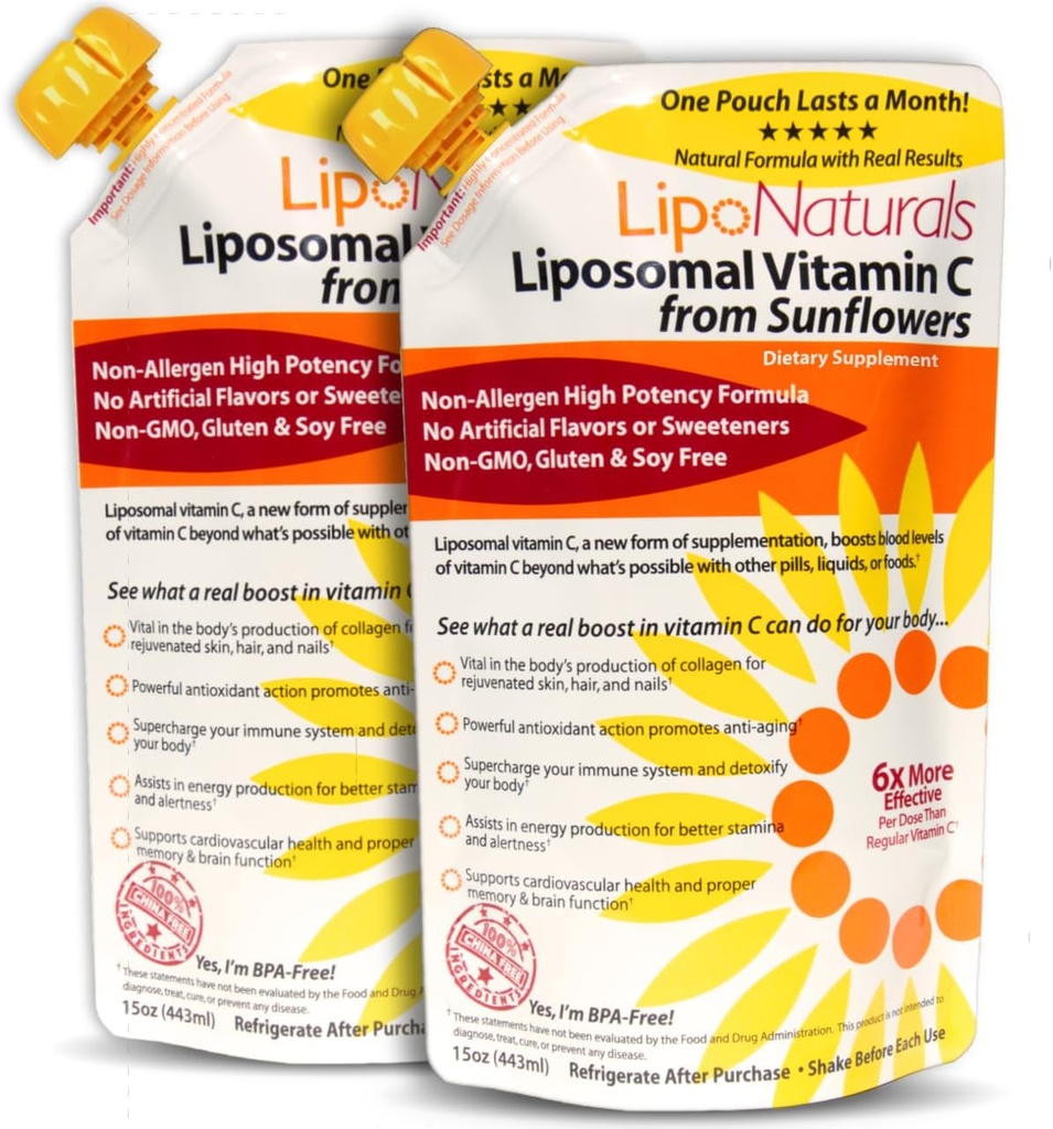 Lipo Naturals Vitamina lipossomal C 1000mg Líquido (2-Pack 60 doses) - Fórmula Natural Imunidade + Suporte Energético - Vegan, China-Free (15 oz / 443ml ea.)