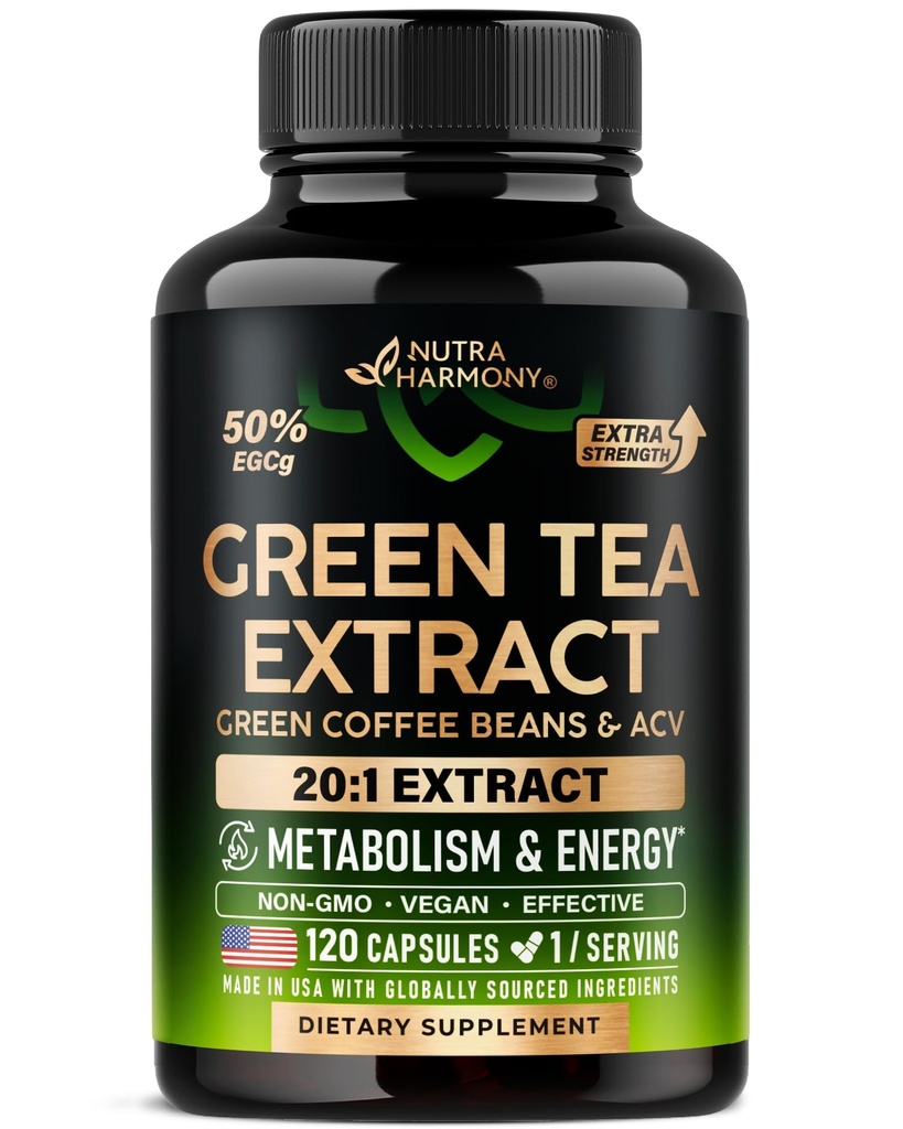 Green Tea Extract - 50% EGCG, Extra Strength 20:1 Extract - Natural Green Tea Supplement + Green Coffee Beans & Apple Cider Vinegar - Energy & Metabolism Support - for Men & Women - Vegan 120 Capsules